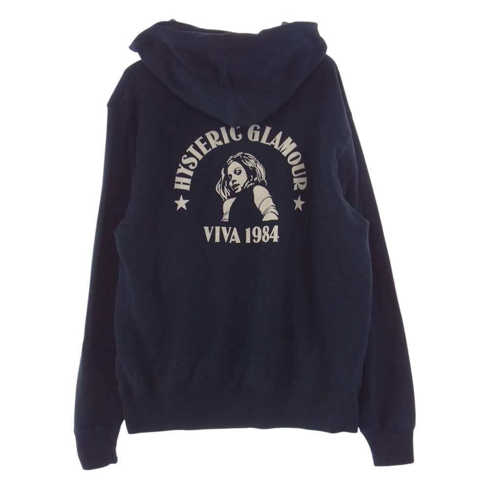 HYSTERIC GLAMOUR ヒステリックグラマー 22AW 02223CF06 VIVA1984 ビバ フロッキー ロゴ バックプリント スウェット パーカー ネイビー系 L【中古】