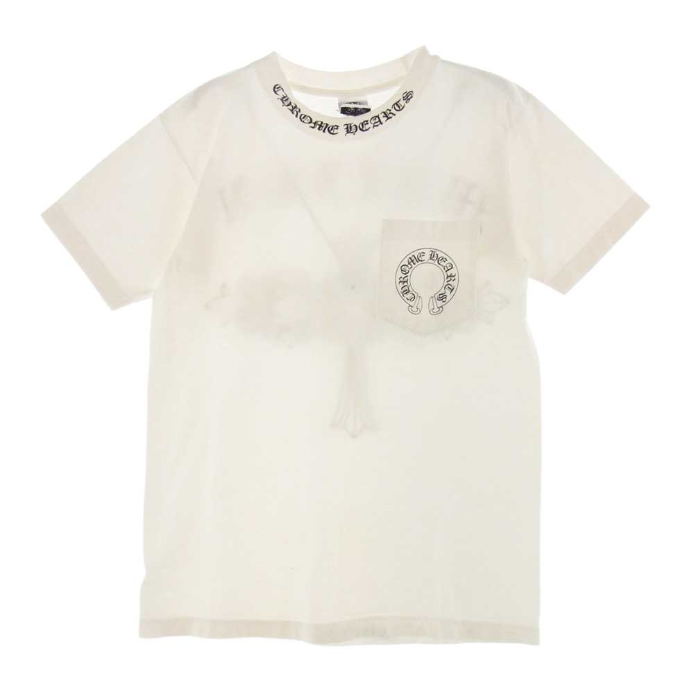 CHROME HEARTS クロムハーツ（原本無） MALIBU マリブ限定 ネックロゴ ホースシュー セメタリークロス バックプリント ポケット付 半袖 Tシャツ ホワイト系 S【中古】