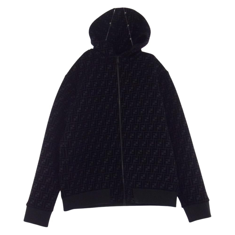 FENDI フェンディ 21AW FW1040 ズッカ ベルベット ジップパーカー フーディー ブラック系 ダークグレー系 54【極上美品】【中古】