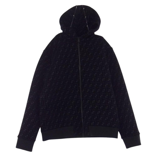 FENDI フェンディ 21AW FW1040 ズッカ ベルベット ジップパーカー フーディー ブラック系 ダークグレー系 54【極上美品】【中古】