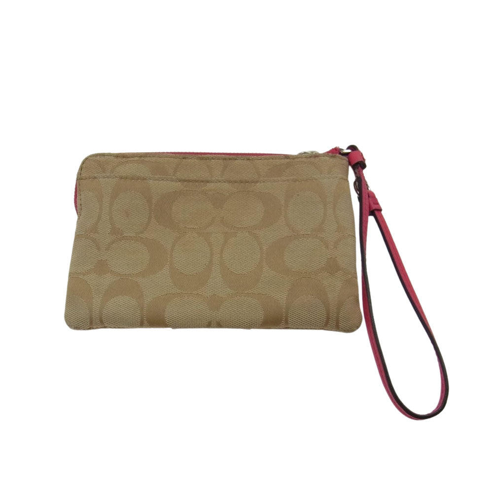 COACH コーチ 51450 レガシー シグネチャー ジップ ポーチ ライトブラウン系 ピンク系【中古】