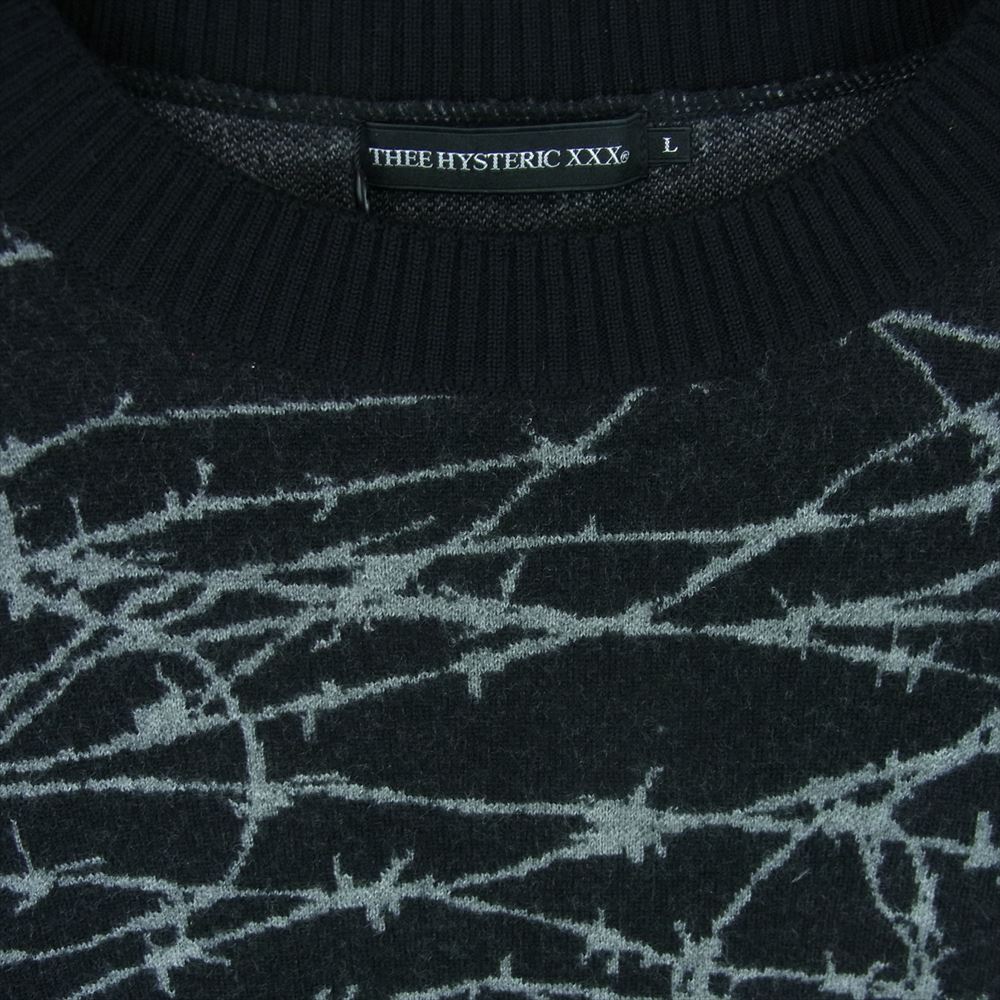 HYSTERIC GLAMOUR ヒステリックグラマー 21AW XXX BARBED WIRE柄 ジャガード プルオーバー ニット ブラック系 グレー系 L【美品】【中古】