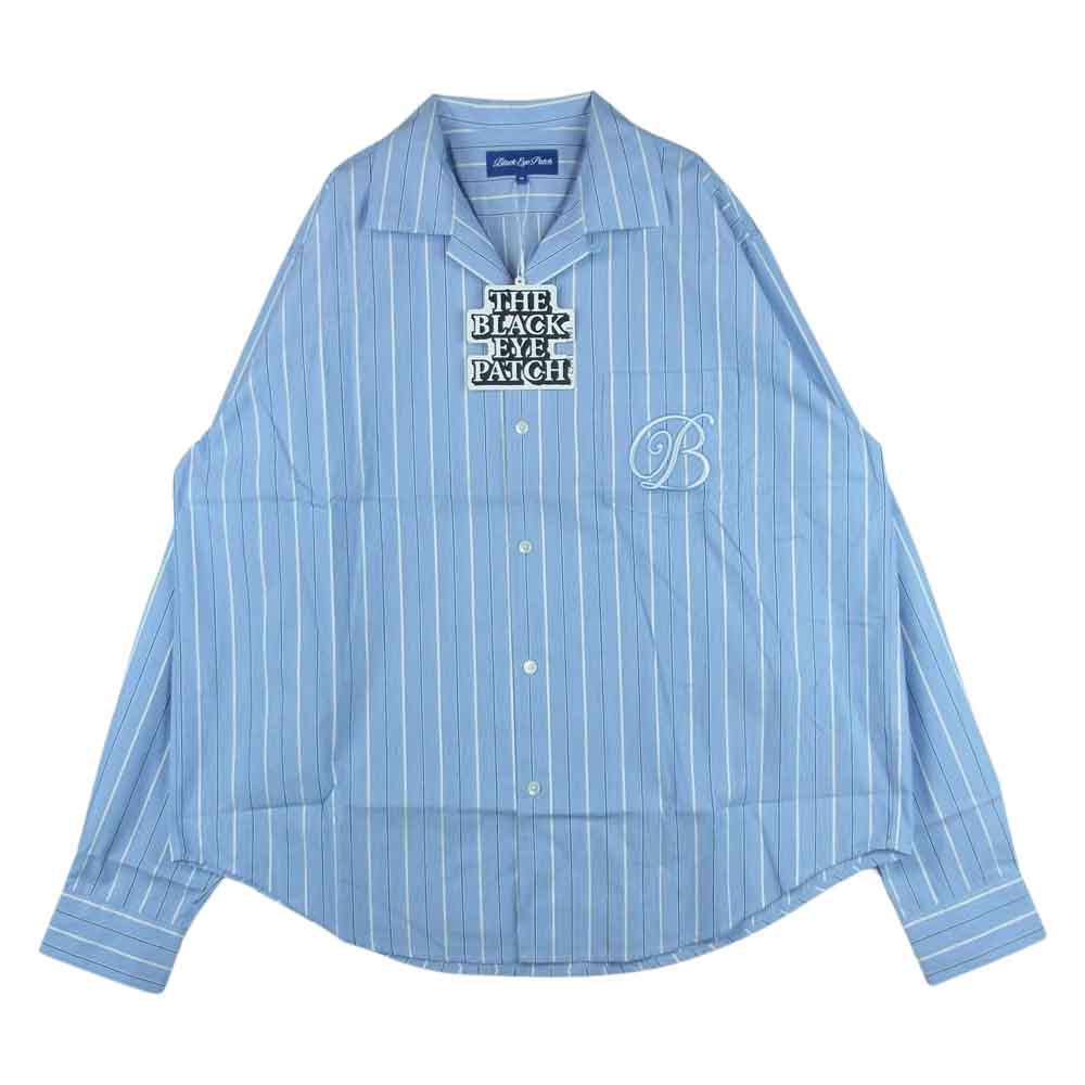 ブラックアイパッチ BEPFW21TP21 Bロゴ 刺繍 オープンカラー ストライプ 長袖 シャツ ライトブルー系 BLUE M【新古品】【未使用】【中古】