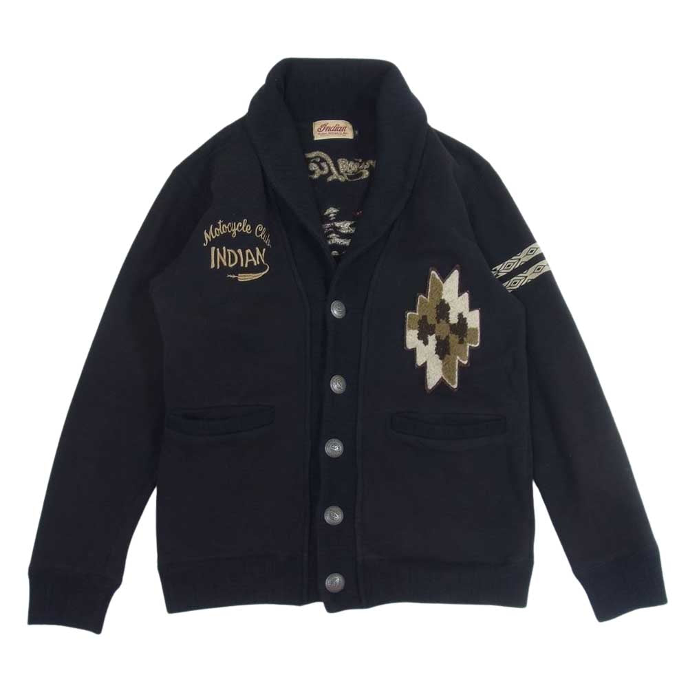 INDIAN MOTOCYCLE インディアン モトサイクル ショールカラ 刺繍 カーディガン ブラック系 S【中古】