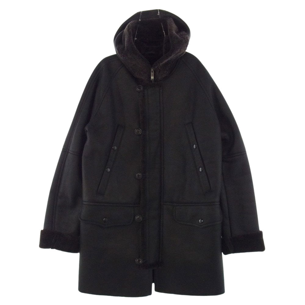 Aquascutum アクアスキュータム 日本製 羊革 ムートン レザー フード コート ブラック系 36【中古】