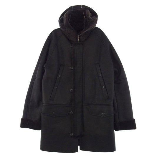 Aquascutum アクアスキュータム 日本製 羊革 ムートン レザー フード コート ブラック系 36【中古】