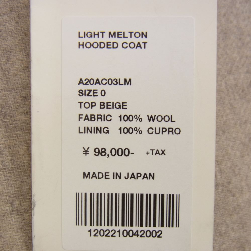 AURALEE オーラリー A20AC03LM LIGHT MELTON HOODED COAT ライト メルトン フーデット コート ベージュ系 o【美品】【中古】