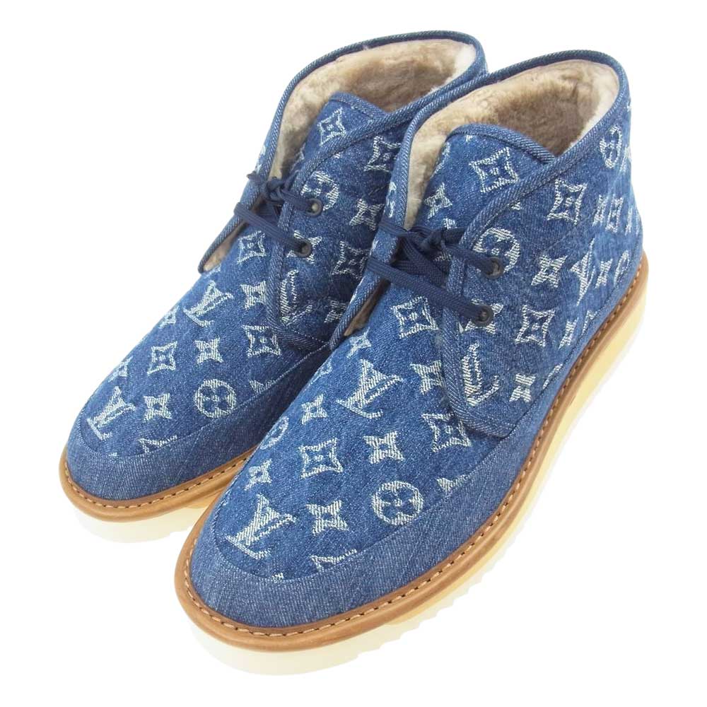 LOUIS VUITTON ルイ・ヴィトン 1A81GQ NIGO モノグラム コージーライン デニム アンクル  ムートン ブーツ インディゴブルー系 9【美品】【中古】
