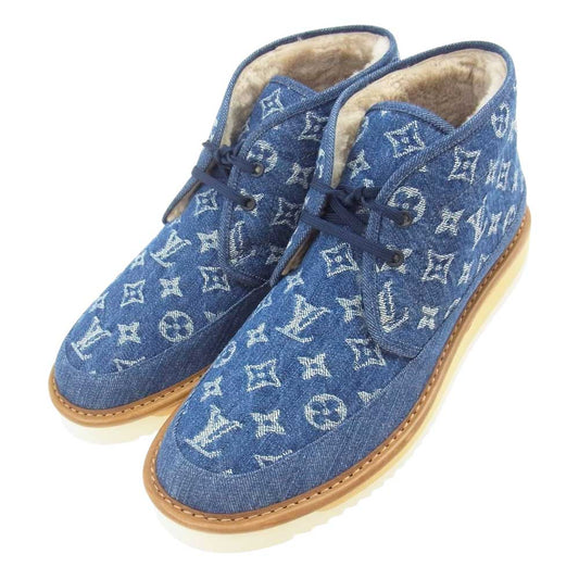 LOUIS VUITTON ルイ・ヴィトン 1A81GQ NIGO モノグラム コージーライン デニム アンクル  ムートン ブーツ インディゴブルー系 9【美品】【中古】