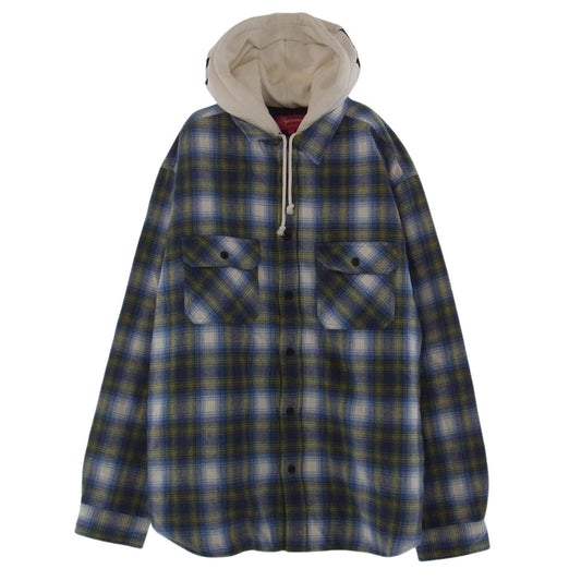 Supreme シュプリーム 21AW Hooded Flannel Zip up Shirt フーデッド パーカー フランネル ジップアップ チェック シャツ ホワイト系 ブルー系 イエロー系 L【美品】【中古】