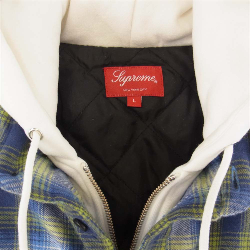 Supreme シュプリーム 21AW Hooded Flannel Zip up Shirt フーデッド パーカー フランネル ジップアップ チェック シャツ ホワイト系 ブルー系 イエロー系 L【美品】【中古】