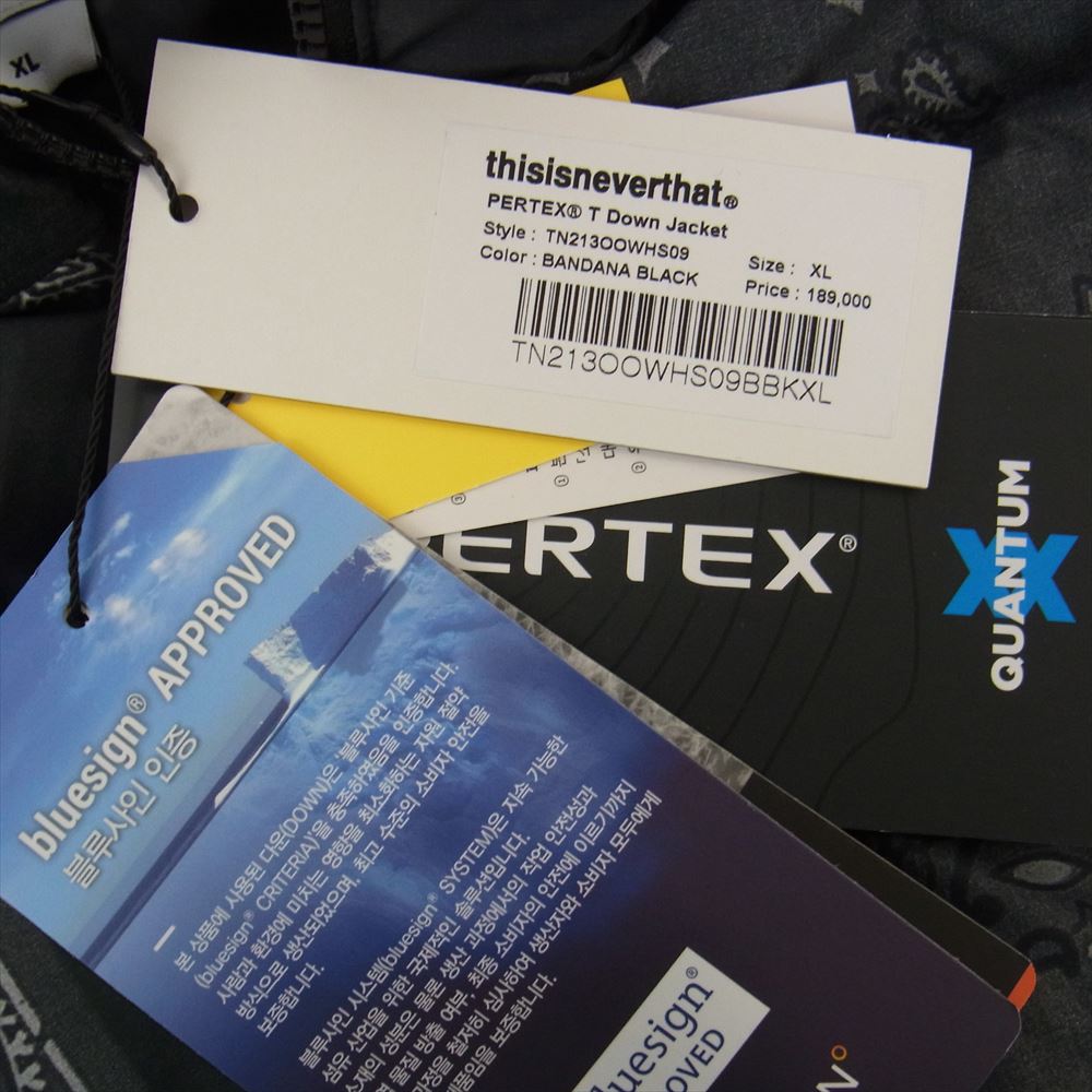ディスイズネバーザット 20AW PERTEX T DOWN JACKET パーテックス バンダナ ダウンジャケット ブラック系 グレー系 XL【新古品】【未使用】【中古】