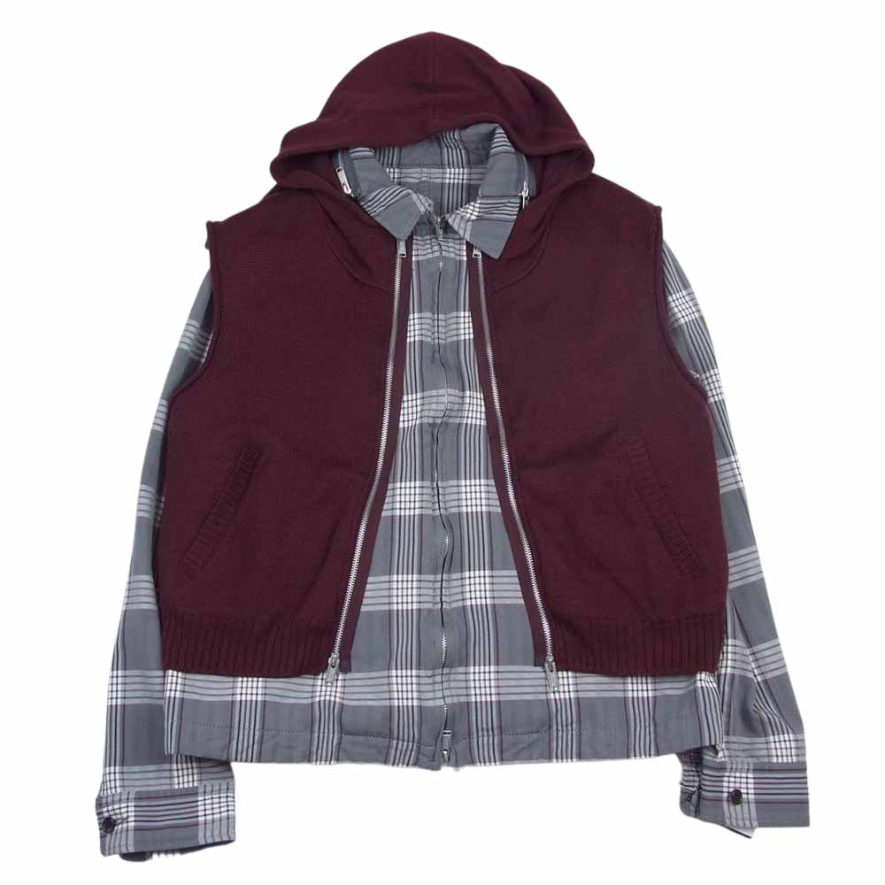 UNDERCOVER アンダーカバー 22SS UC1B4204 ニット パーカー チェック シャツ ドッキング ジップ ジャケット エンジ系 3【美品】【中古】