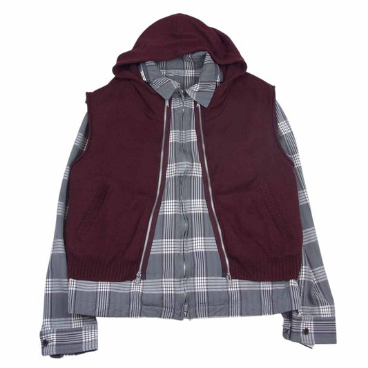 UNDERCOVER アンダーカバー 22SS UC1B4204 ニット パーカー チェック シャツ ドッキング ジップ ジャケット エンジ系 3【美品】【中古】