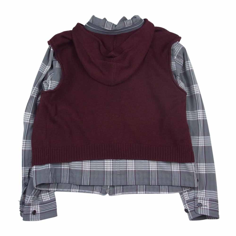 UNDERCOVER アンダーカバー 22SS UC1B4204 ニット パーカー チェック シャツ ドッキング ジップ ジャケット エンジ系 3【美品】【中古】