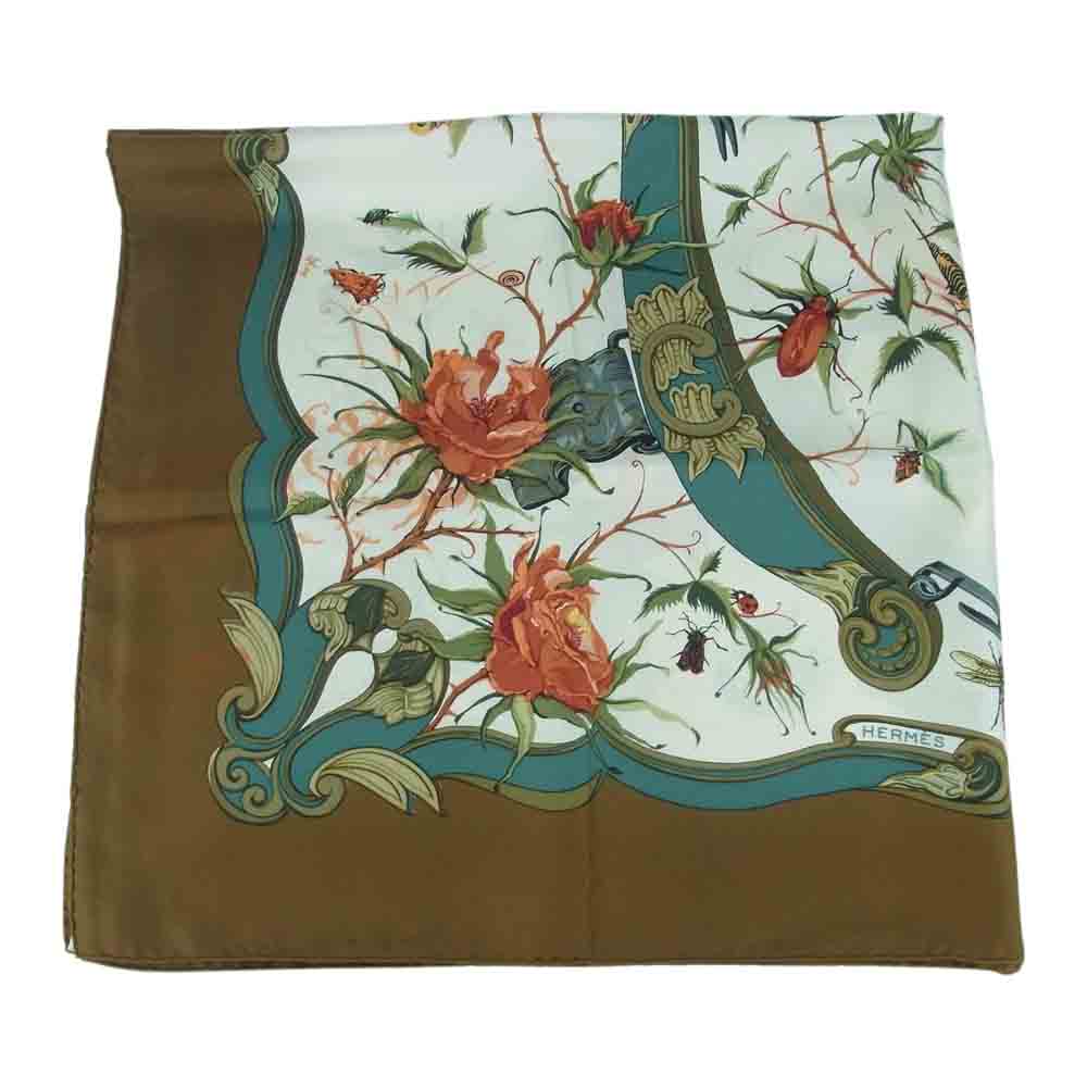 HERMES エルメス カレ 90 INGRID イングリッド フラワー シルク100％ スカーフ scarf ブラウン系 ベージュ系【中古】