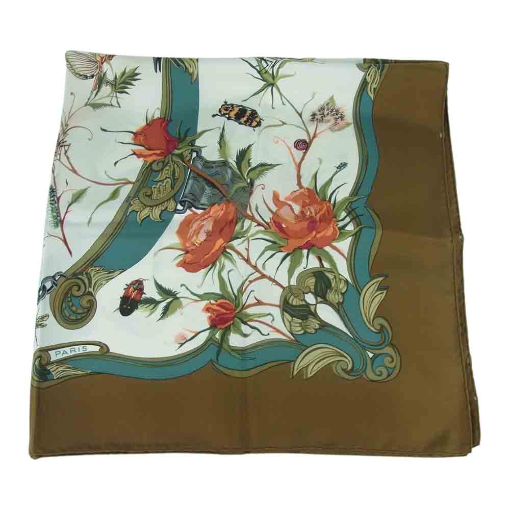 HERMES エルメス カレ 90 INGRID イングリッド フラワー シルク100％ スカーフ scarf ブラウン系 ベージュ系【中古】