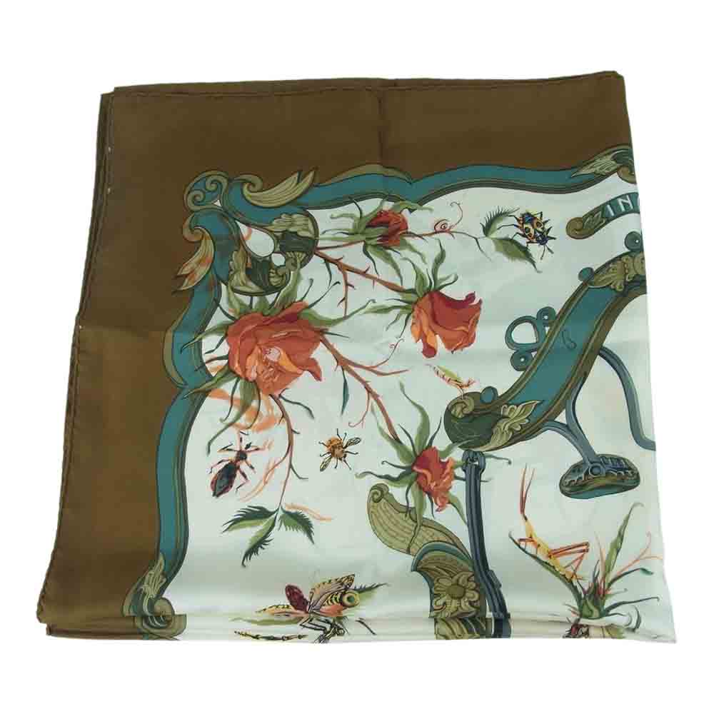 HERMES エルメス カレ 90 INGRID イングリッド フラワー シルク100％ スカーフ scarf ブラウン系 ベージュ系【中古】
