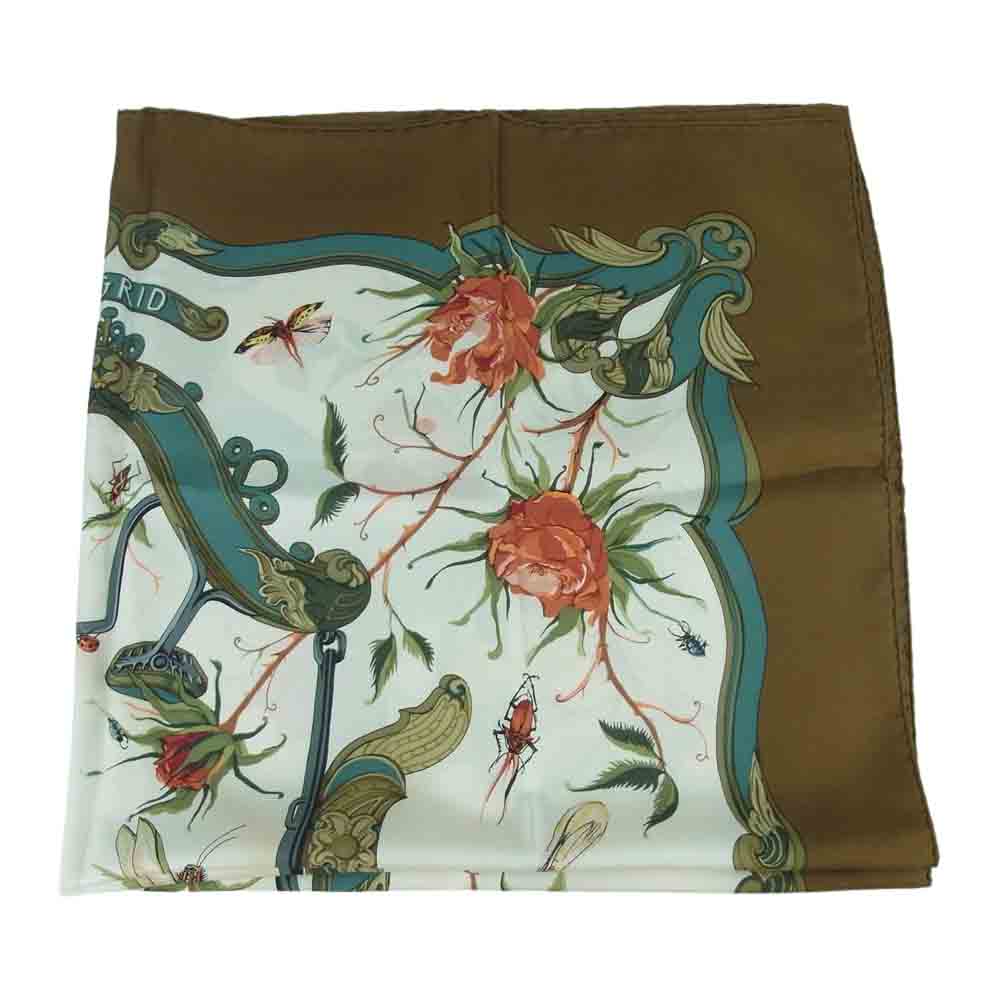 HERMES エルメス カレ 90 INGRID イングリッド フラワー シルク100％ スカーフ scarf ブラウン系 ベージュ系【中古】