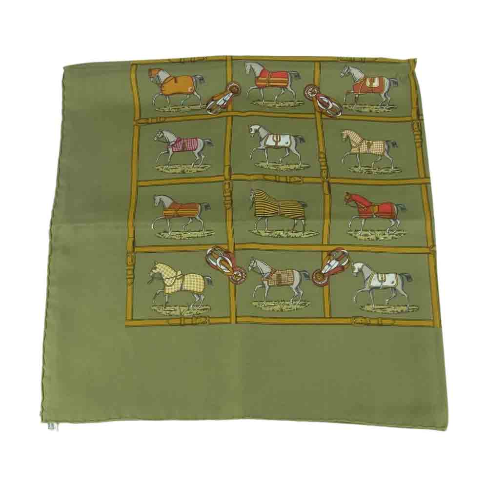 HERMES エルメス カレ 90 48頭の馬 ホース シルク100% スカーフ scarf グリーン系【中古】
