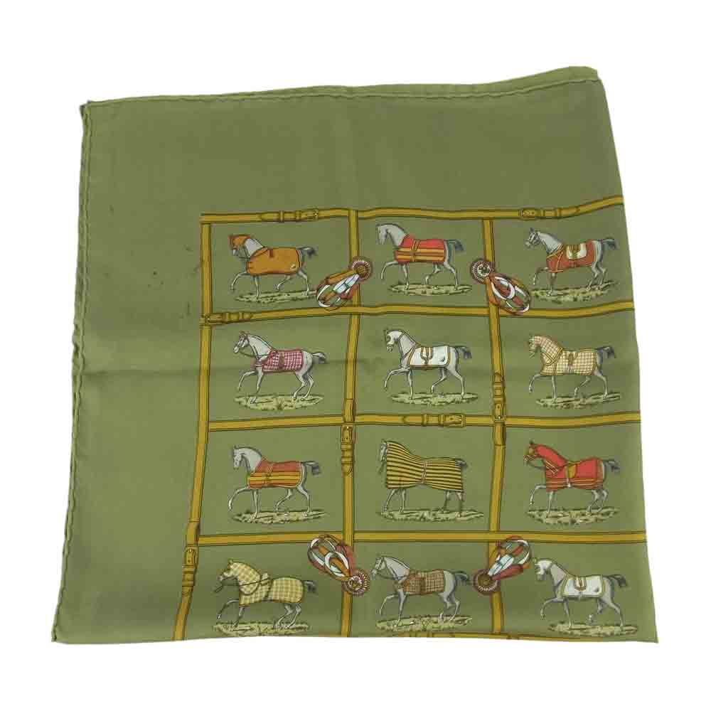 HERMES エルメス カレ 90 48頭の馬 ホース シルク100% スカーフ scarf グリーン系【中古】