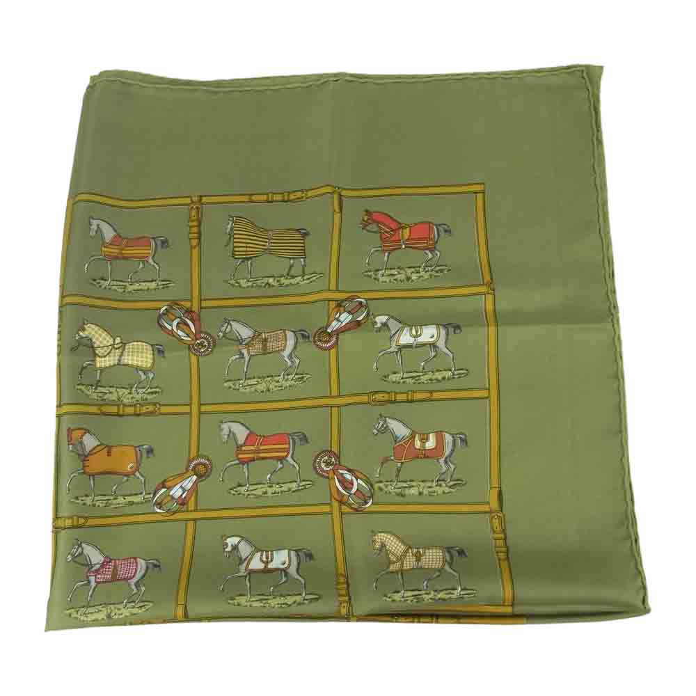 HERMES エルメス カレ 90 48頭の馬 ホース シルク100% スカーフ scarf グリーン系【中古】