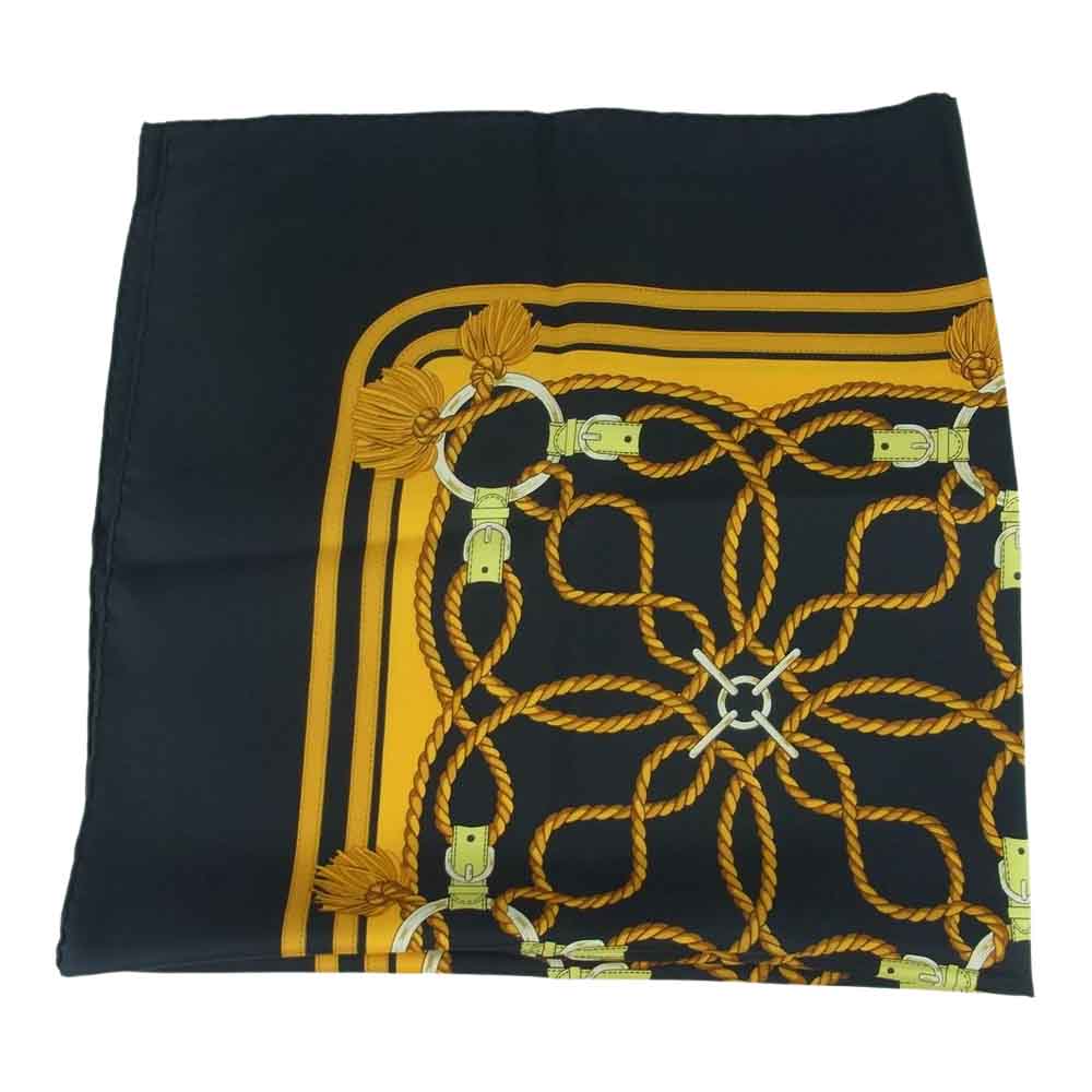 HERMES エルメス カレ 90 黄金の拍車 Eperon d'or シルク100％ スカーフ scarf ブラック系 オレンジ系【中古】