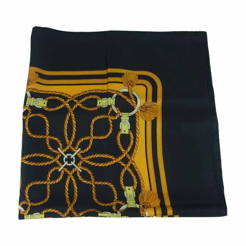 HERMES エルメス カレ 90 黄金の拍車 Eperon d'or シルク100％ スカーフ scarf ブラック系 オレンジ系【中古】