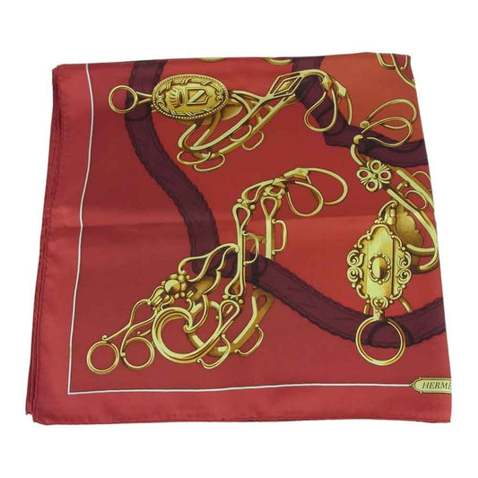 HERMES エルメス カレ 90 紋章 エンブレム シルク100％ スカーフ scarf レッド系【中古】