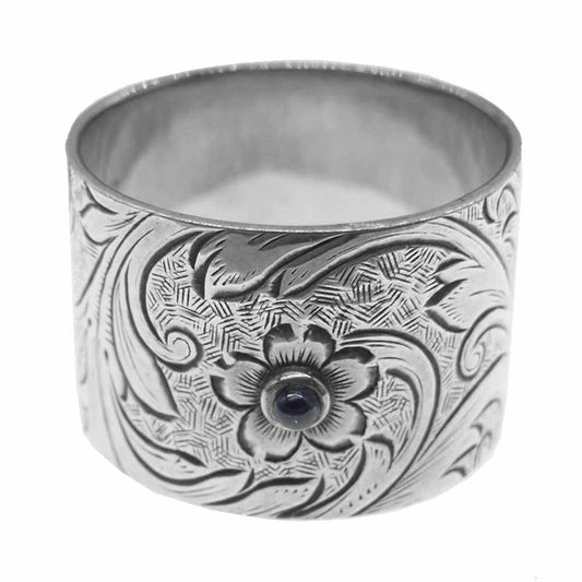 アガット サファイア 石付き 唐草 プレート リング シルバー系【中古】