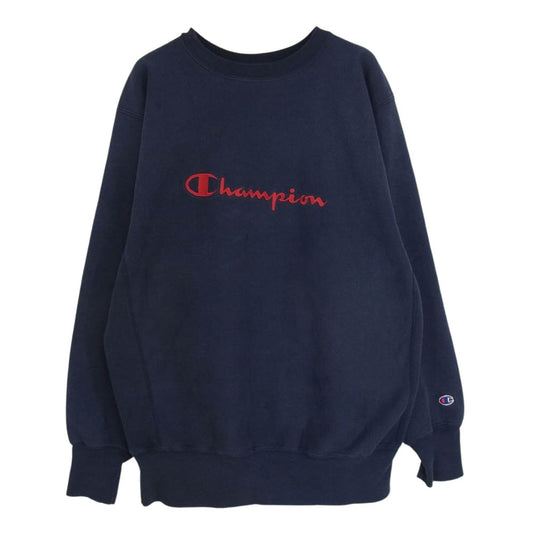Champion チャンピオン USA製 90s REVERSE WEAVE リバースウィーブ ロゴ刺繍 クルーネック スウェット ネイビー系 L【中古】