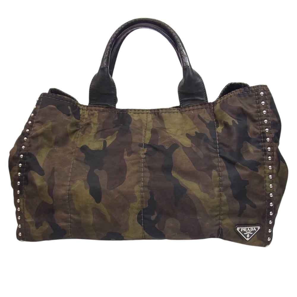 PRADA プラダ BR4557 サイドスタッズ カモフラ柄 ナイロン レザー トート バッグ カーキ系【中古】