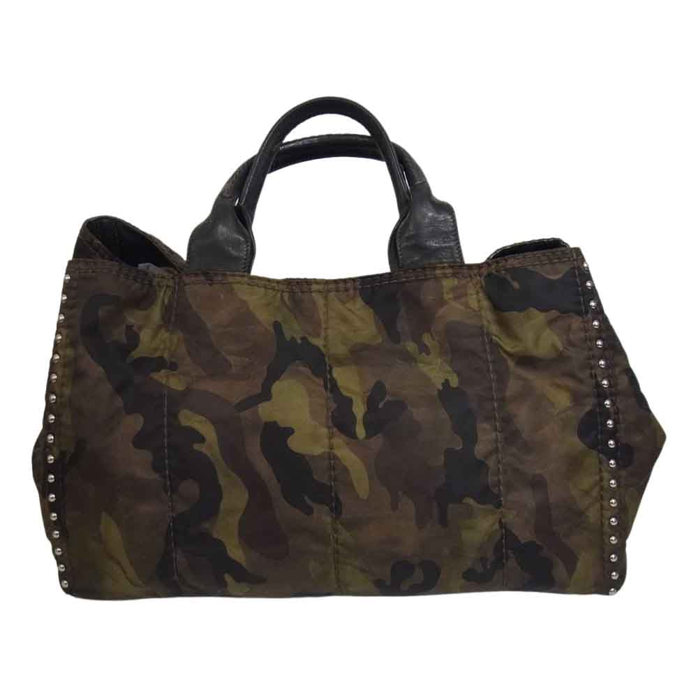 PRADA プラダ BR4557 サイドスタッズ カモフラ柄 ナイロン レザー トート バッグ カーキ系【中古】