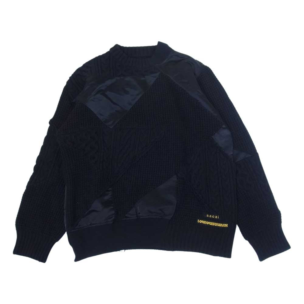 Sacai サカイ 21SS 21-02452M Hank Willis Thomas ハンク ウィリス トーマス 異素材切替 パッチワーク ロゴ刺繍 ケーブル ニット セーター ブラック系 2【美品】【中古】