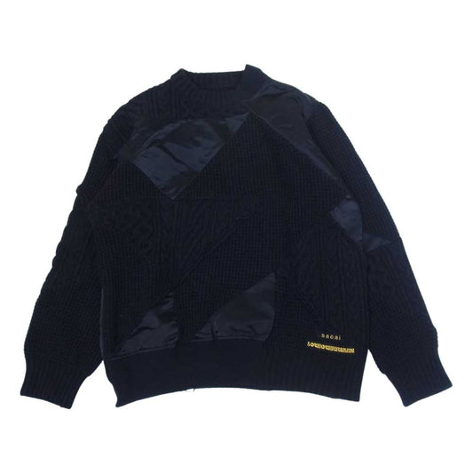 Sacai サカイ 21SS 21-02452M Hank Willis Thomas ハンク ウィリス トーマス 異素材切替 パッチワーク ロゴ刺繍 ケーブル ニット セーター ブラック系 2【美品】【中古】