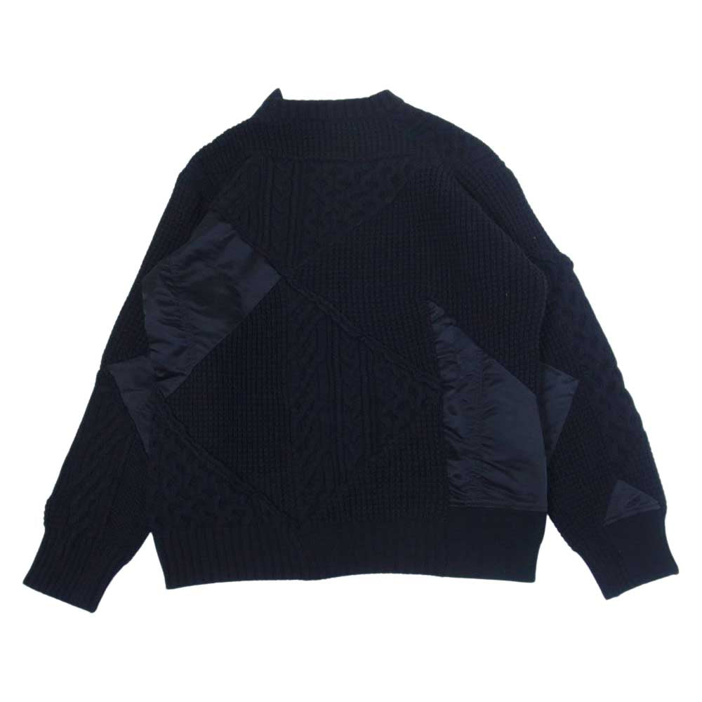 Sacai サカイ 21SS 21-02452M Hank Willis Thomas ハンク ウィリス トーマス 異素材切替 パッチワーク ロゴ刺繍 ケーブル ニット セーター ブラック系 2【美品】【中古】
