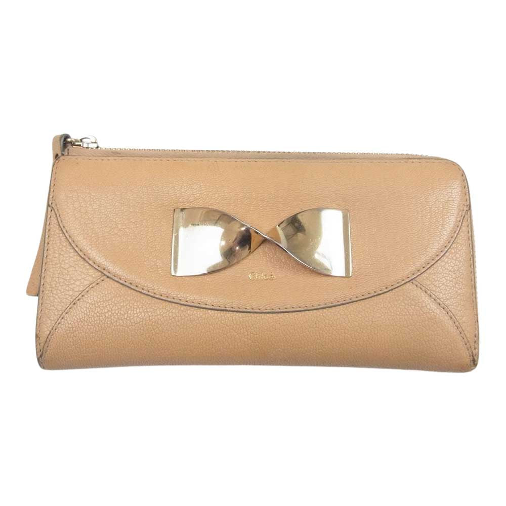 Chloe クロエ 3P0762 TWISTED BOW ツイステッドボウ ラウンドジップ ウォレット ベージュ系【中古】