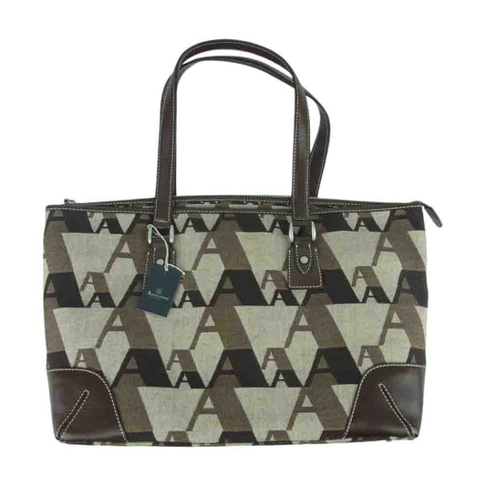 Aquascutum アクアスキュータム 4493250 ジャガード レザーハンドル ポーチ付き トート バッグ ブラウン系 F【極上美品】【中古】