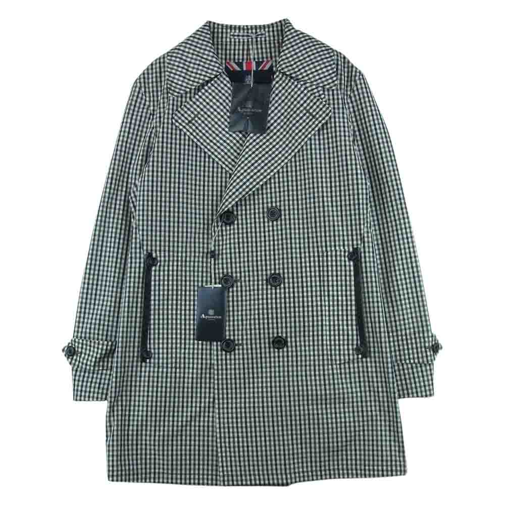 Aquascutum アクアスキュータム A9150906 チェック柄 レザーパイピング パッカブル Pコート ピー コート ブラック系 ブラウン系 34【新古品】【未使用】【中古】