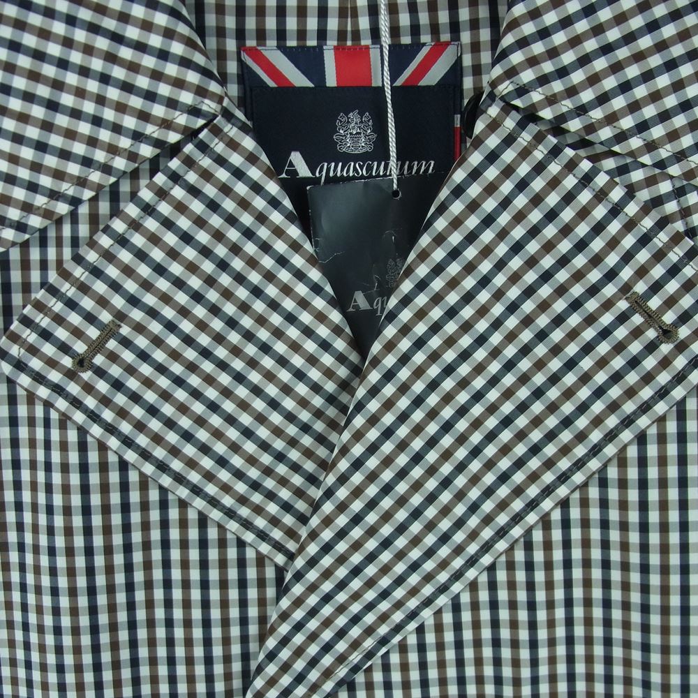 Aquascutum アクアスキュータム A9150906 チェック柄 レザーパイピング パッカブル Pコート ピー コート ブラック系 ブラウン系 34【新古品】【未使用】【中古】