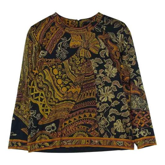 LEONARD レオナール FASHION ファッション シルク混 ウール ネイティブ 総柄 カットソー ブラック系 オレンジ系 L【中古】