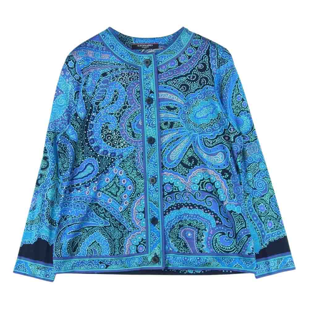 LEONARD レオナール FASHION ファッション シルク混 ウール ペイズリー 総柄 ニット カーディガン ジャケット ライトブルー系 パープル系 L【中古】