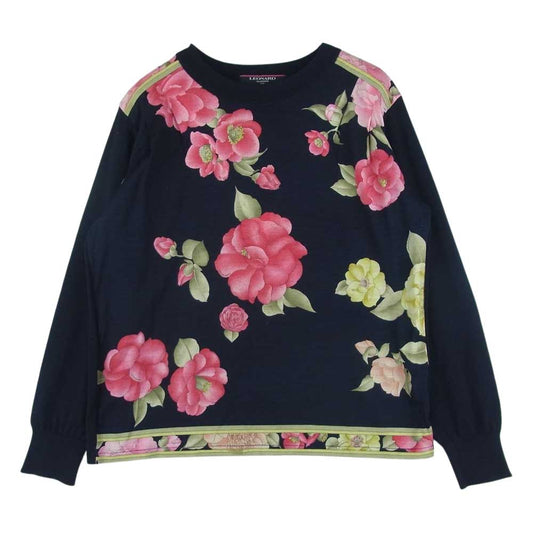 LEONARD レオナール FASHION ファッション フラワー シルク混 ウール ニット セーター ダークネイビー系 ピンク系 M【中古】