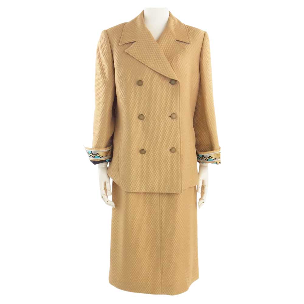 LEONARD レオナール FASHION ファッション シルク混 ウール キルティング ダブルジャケット スカート セットアップ ベージュ系 13AR【中古】