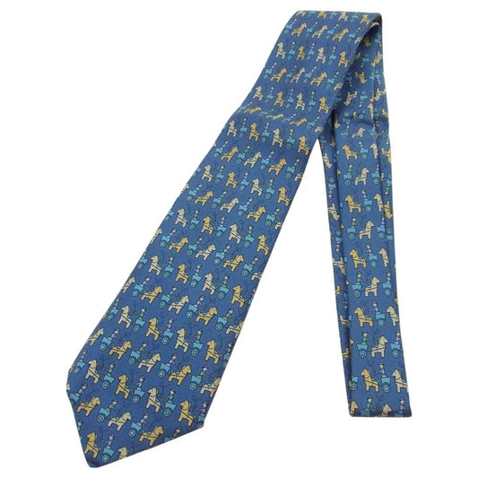 HERMES エルメス シルク100％ ホース 馬 ネクタイ ブルー系【美品】【中古】