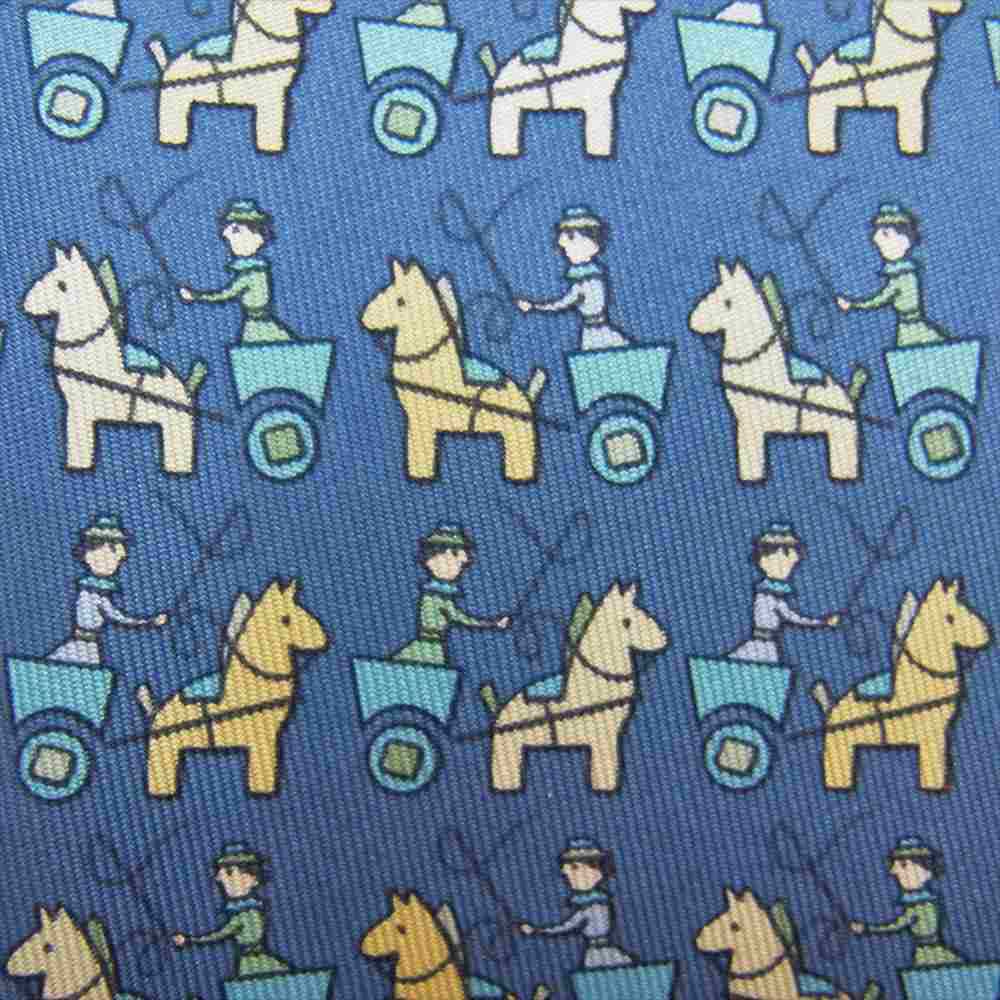 HERMES エルメス シルク100％ ホース 馬 ネクタイ ブルー系【美品】【中古】