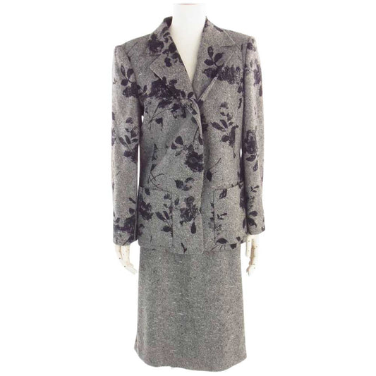 LEONARD レオナール FASHION ファッション シルク混 ウール フラワー ツイード ジャケット スカート セットアップ グレー系 42【中古】