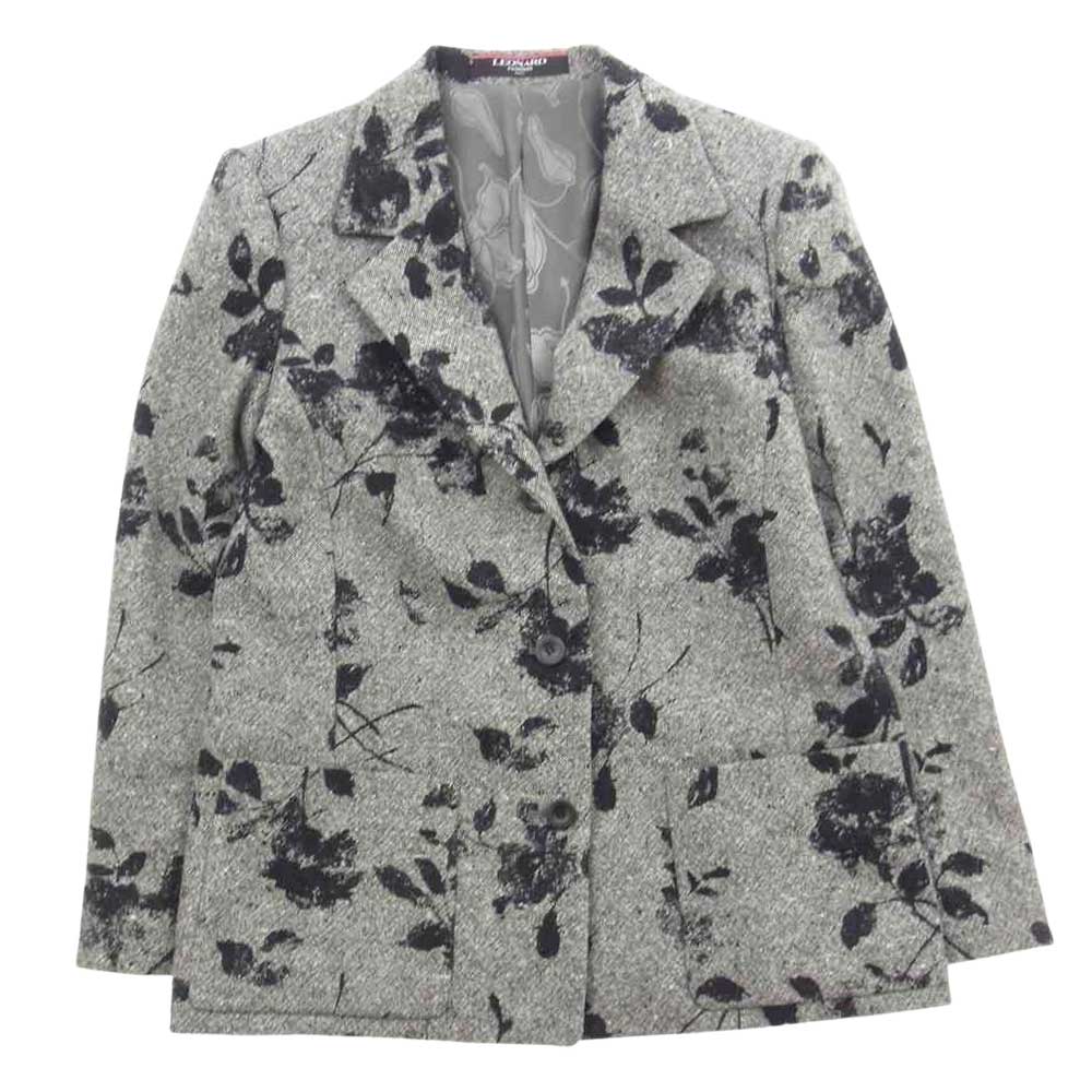 LEONARD レオナール FASHION ファッション シルク混 ウール フラワー ツイード ジャケット スカート セットアップ グレー系 42【中古】