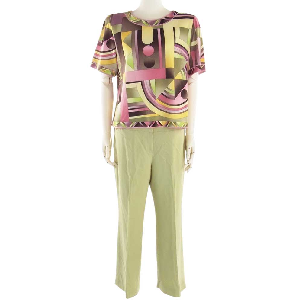 LEONARD レオナール FASHION ファッション ウール 1B ジャケット 総柄カットソー パンツ スカート 2WAY セットアップ ライトグリーン系 42【中古】