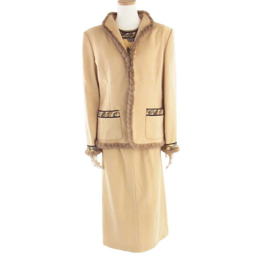 LEONARD レオナール FASHION ファッション ファー付 切替 カシミア100% 3ピース ジャケット カットソー スカート ベージュ系 13AR【中古】